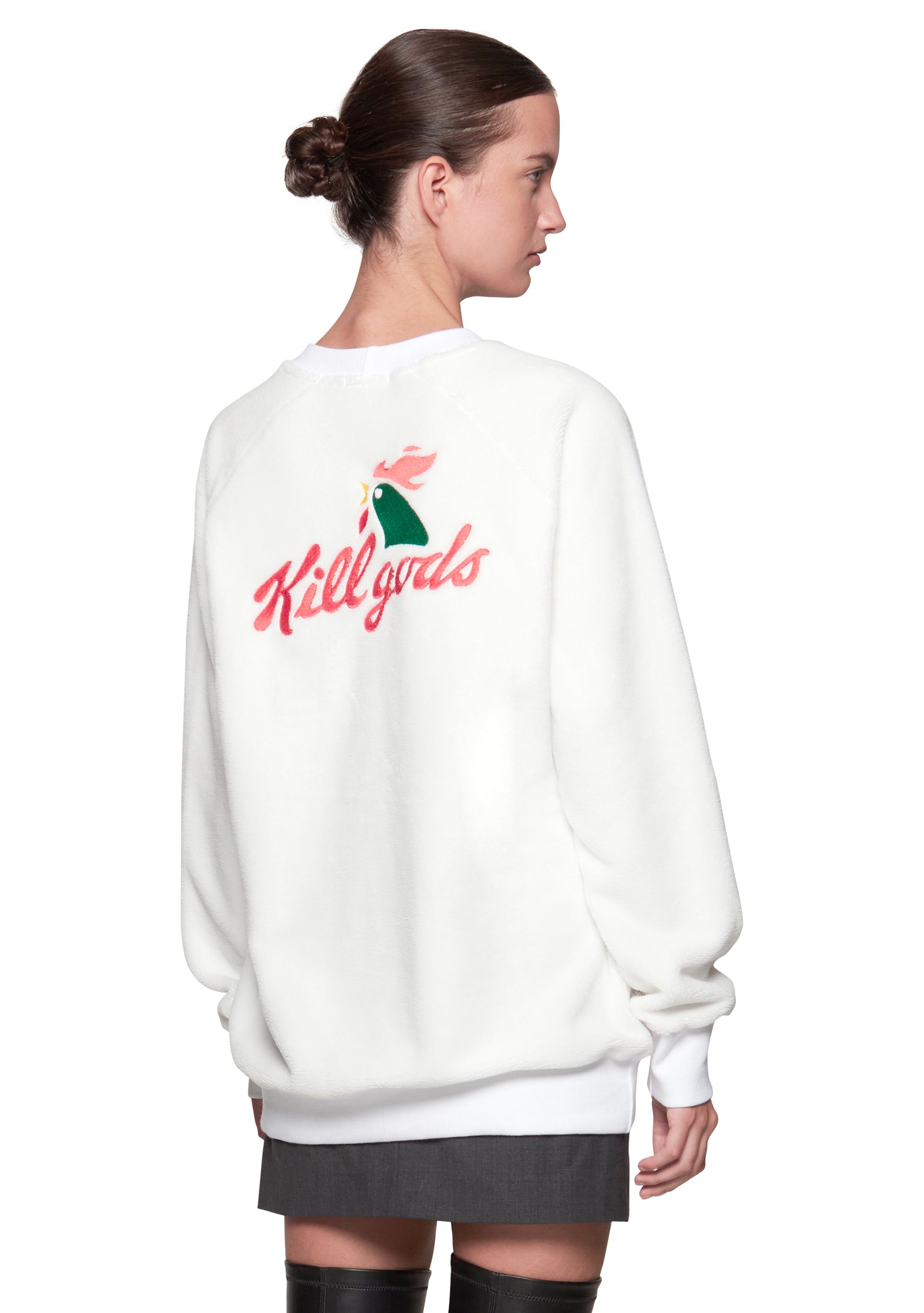 White & Multicolor Embroidered Fleece Sweatshirt